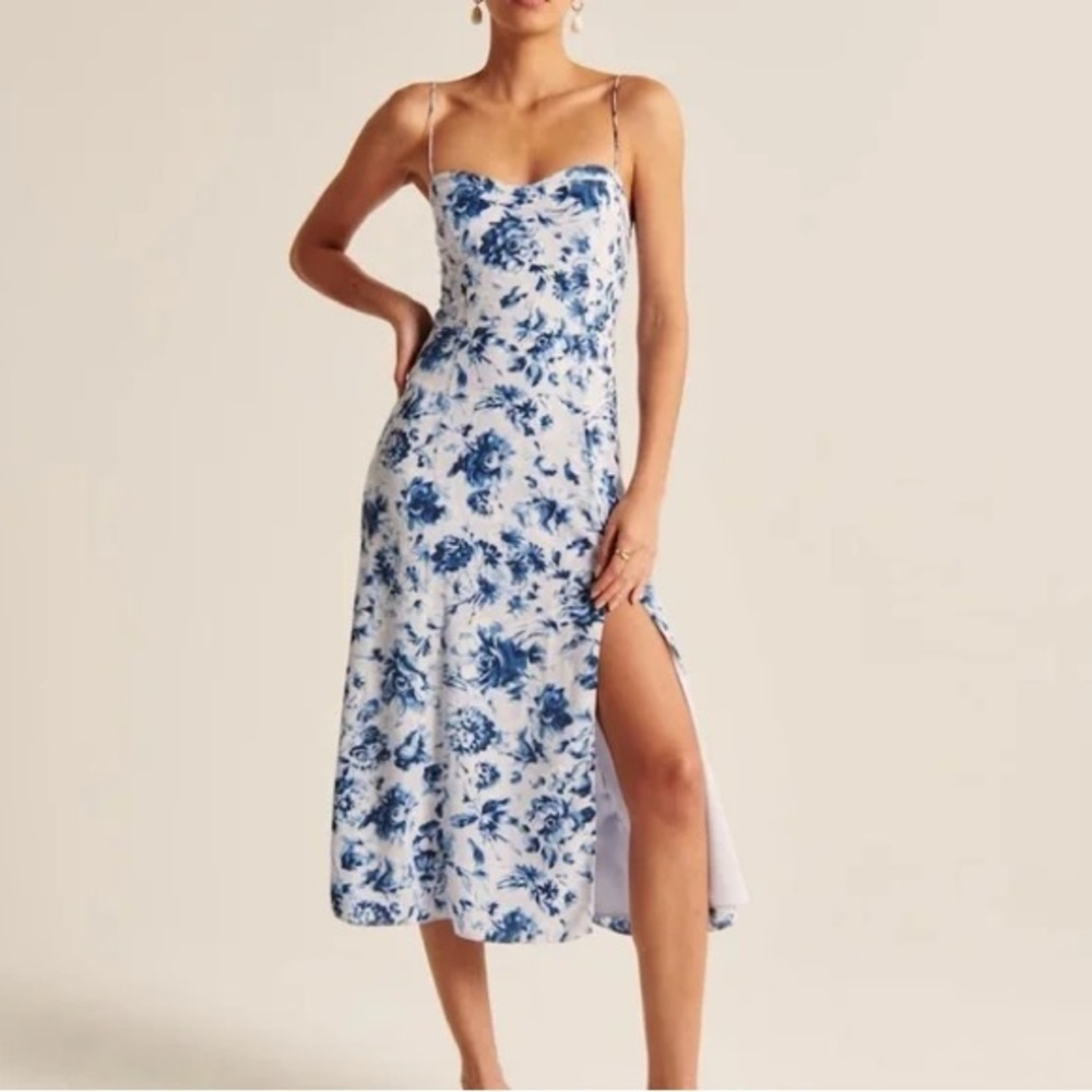Abercrombie & Fitch Blue Floral Midi Dress with Slit – Size S
